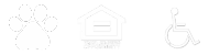 Three white icons on a black background depicting a paw, a house, and a wheelchair.