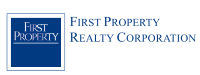 a blue sign with the words first property and realty corporation on a white background