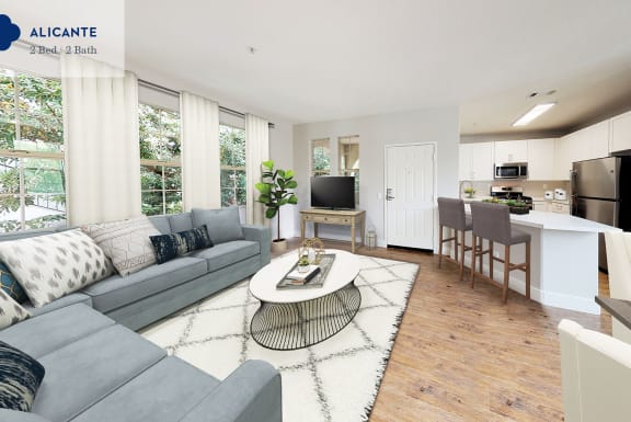 a rendering of a living room and kitchen with geometric shapes on the floor  at Mission Hills, Camarillo, California