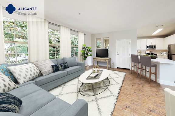 a rendering of a living room and kitchen with geometric shapes on the floor  at Mission Hills, Camarillo, California