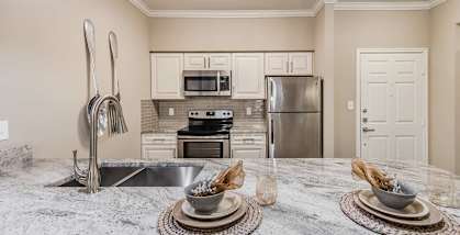 A modern kitchen with a marble countertop and stainless steel appliances. at The Spring at Silverton Apartments, Texas, 76133