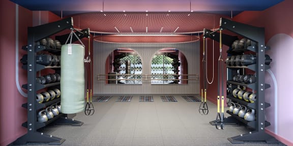 a boxing gym with weights and a punching bag