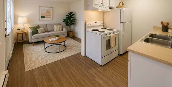 A small kitchen with a white refrigerator and a white stove.
