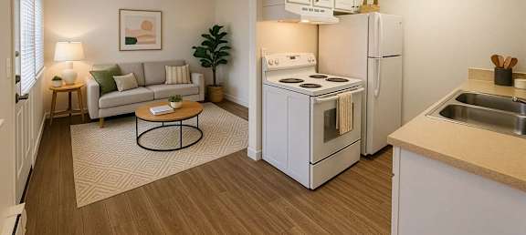 A small kitchen with a white refrigerator and a white stove.