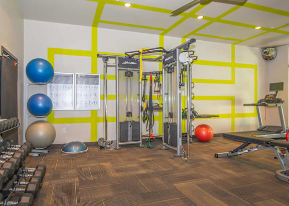 a gym with cardio equipment and weights on a wooden floor