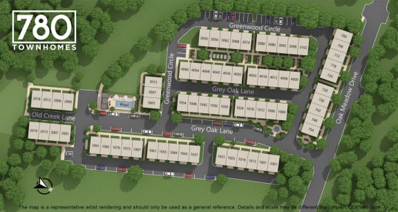 an aerial view of a building site with buildings and trees
