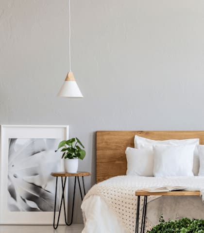 A bedroom with a bed, plants, and a picture frame on the wall.