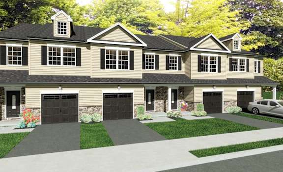 a rendering of a house with a driveway and garage doors
