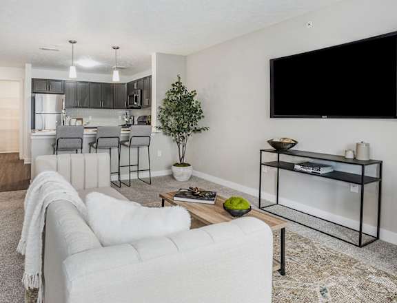 A living room and a kitchen with stainless steel appliances and a large pantry at Meadowbrooke Apartment Homes, Grand Rapids, MI