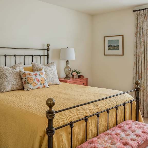 A bedroom with a bed, a bench, and a window.