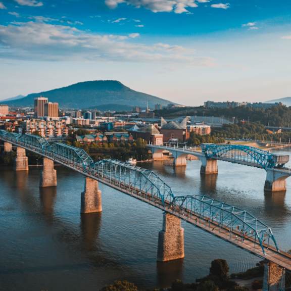 A bridge spans a river with a city in the background.