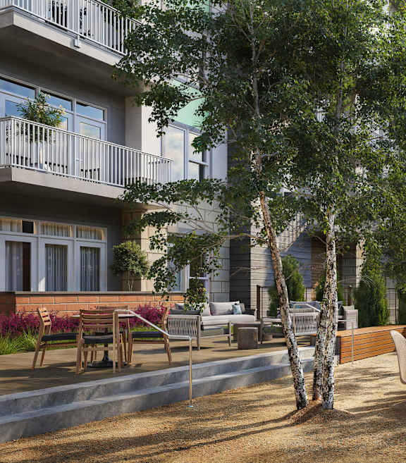 A courtyard with a bench and a tree.
