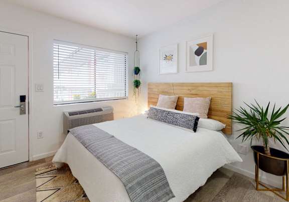 A bedroom with a bed, a chair, and a plant.