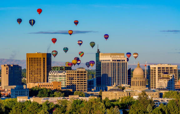 Boise, Idaho Building Skyline with Hot Air Balloons Floating in Background