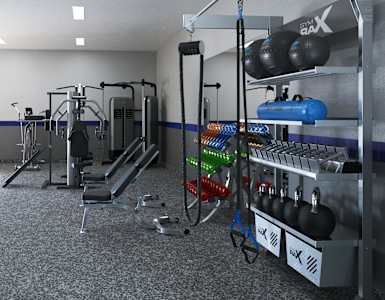 A gym with a variety of equipment including treadmills, weight racks, and exercise balls.