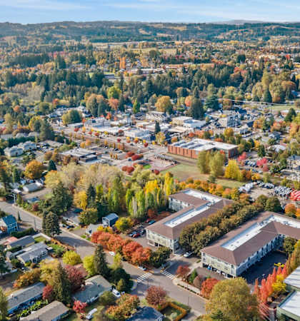A small town with a mix of residential and commercial buildings.