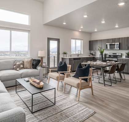 Luxury living area and kitchen at Rise townhomes for rent in Utah