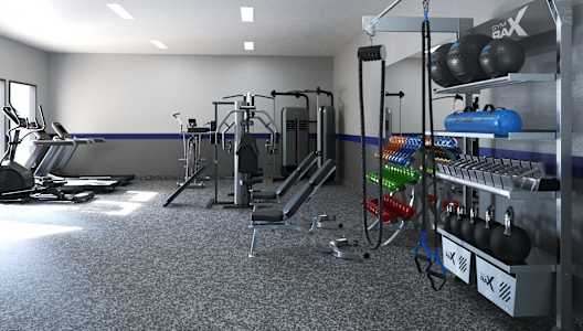 A gym with a variety of equipment including treadmills, weight racks, and exercise balls.