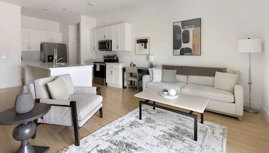 A modern living room with a grey rug and a white sofa.