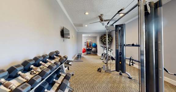 A gym with a row of dumbbells on the left and a row of exercise bikes on the right. at Vue on Medlock, Peachtree Corners, GA, 30092