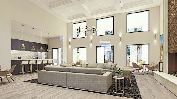 a rendering of a living room with a couch and a kitchen