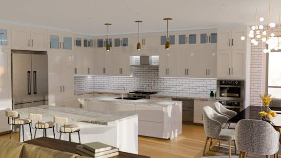 A modern kitchen with a dining table and chairs.