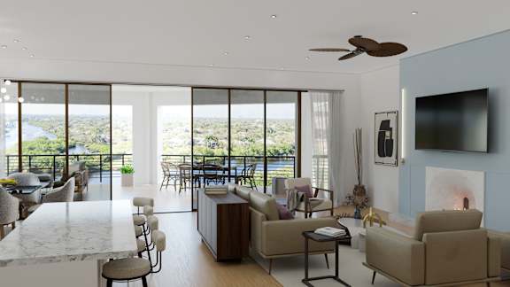 A living room with a white ceiling and a fan.