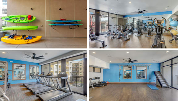 four photos of a fitness room with weights and cardio equipment and a workout room with