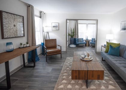 A living room with a grey couch and a wooden coffee table.