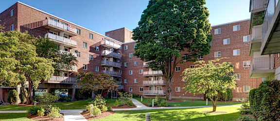 A large tree in a grassy area in front of apartment buildings at Edmands House, Massachusetts, 01701