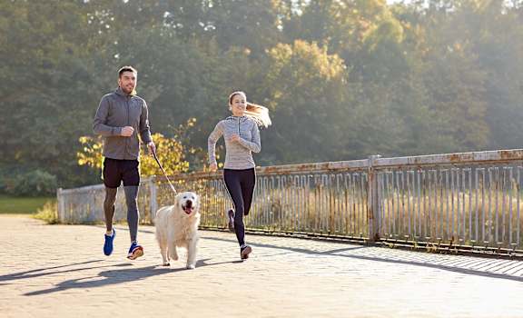 A man and a woman jogging with a dog.