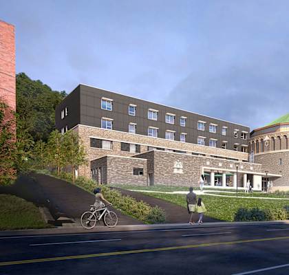 a rendering of a brick building with a green roof at The Carina, Pittsburgh, PA