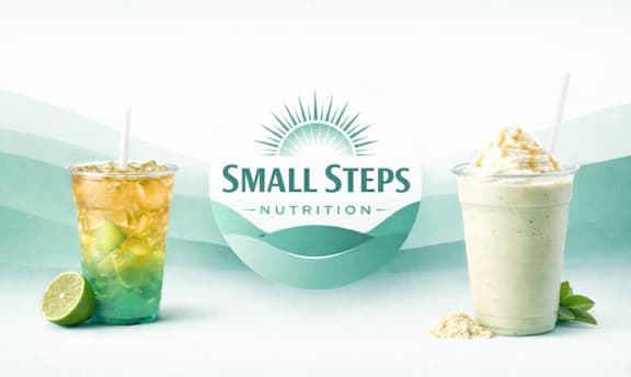 A glass of a green drink and a glass of a white drink with a straw in it and a logo of small steps nutrition.