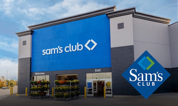 A blue and white storefront for Sam's Club.