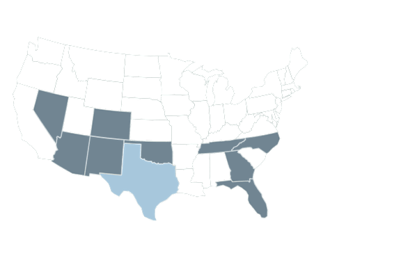 A map of the United States with certain states shaded in blue.