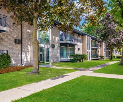 A tree in front of a building with a walkway in between.