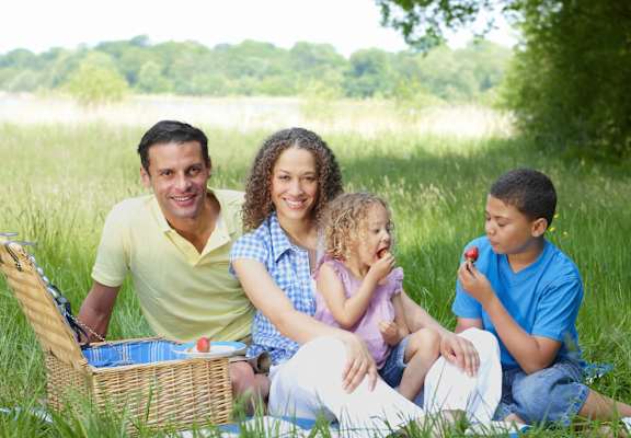 A family of four is sitting in a field.