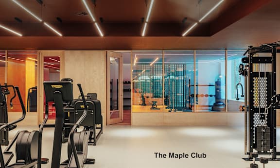 A gym with a row of treadmills and a row of stationary bikes.