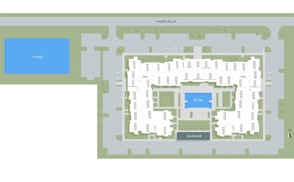 A map of a residential area with a pond and garage.