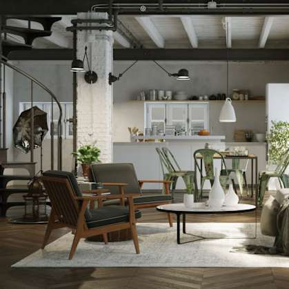 A living room with a brick wall and a white sofa.