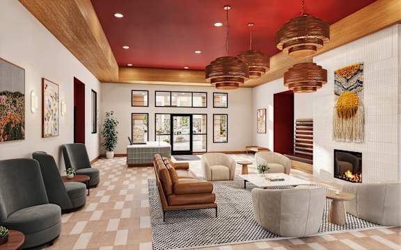 A modern living room with a fireplace and comfortable seating.