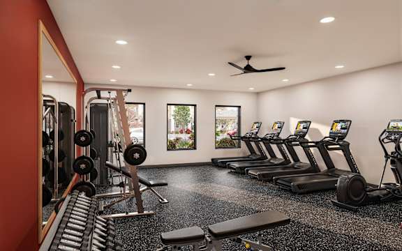 A gym with treadmills, weights, and a fan.