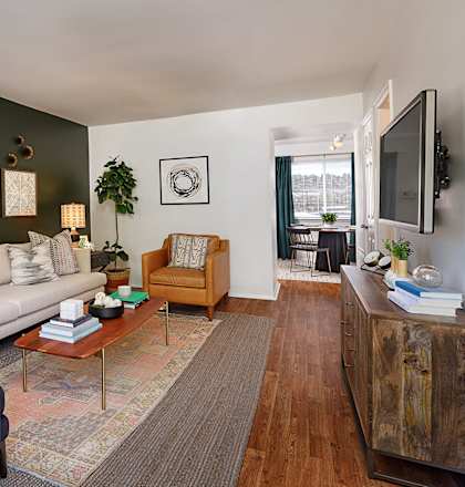 A living room with a couch, chair, and a rug.