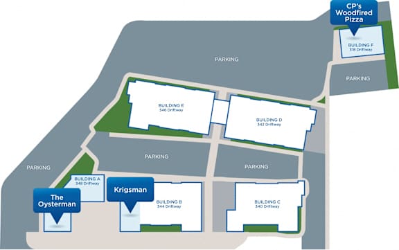 A map shows the layout of a parking lot and the location of a pizza restaurant.