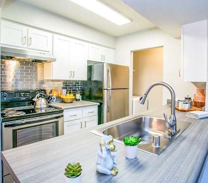 A kitchen with a stove, sink, and refrigerator.