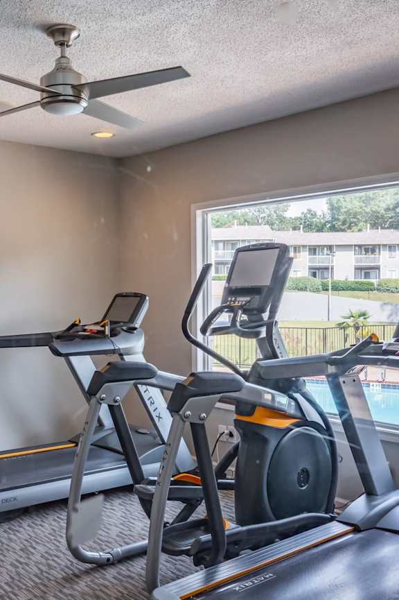 A home gym with a treadmill, elliptical trainer, and stationary bike.