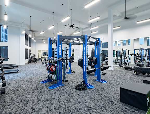 A gym with a variety of equipment including weightlifting machines and a green artificial turf area.