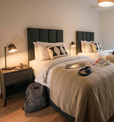 A bedroom with two beds, a guitar, and a backpack.