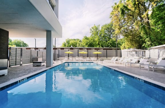 Apartments For Rent In Midtown Memphis, TN - The Citizen - Sparkling Swimming Pool With Lounge Chairs And Umbrellas