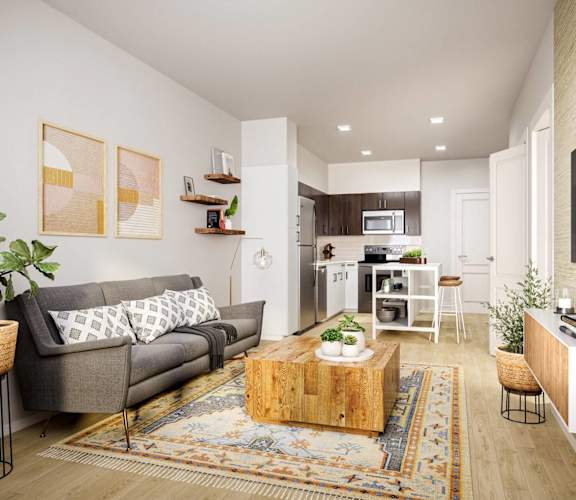 a living room with a couch and a table